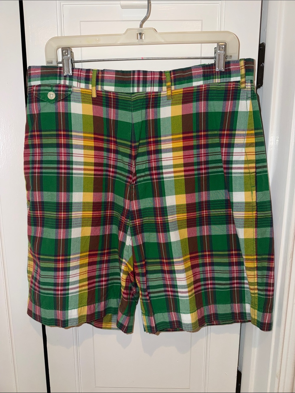Men's Plaid Flat-Front Shorts in Green, Yellow & Pink